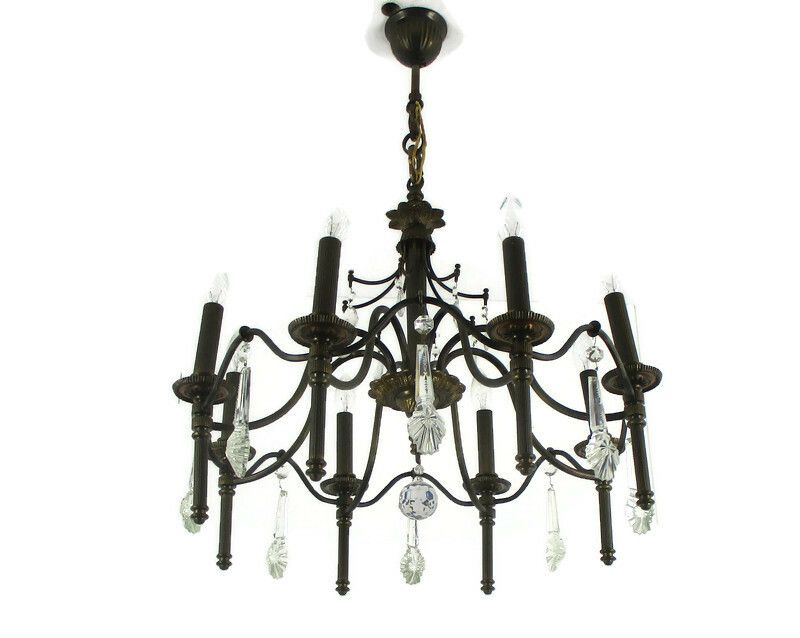 Chandelier 8 Lights Arms  Hollywood Regency Spelter Chandelier Crystal Prisms
