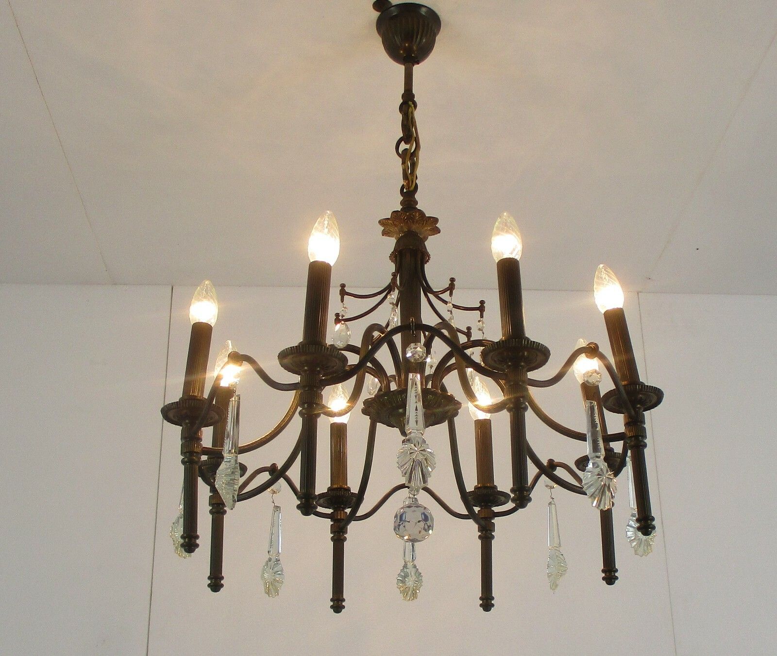 Chandelier 8 Lights Arms  Hollywood Regency Spelter Chandelier Crystal Prisms photo furniture