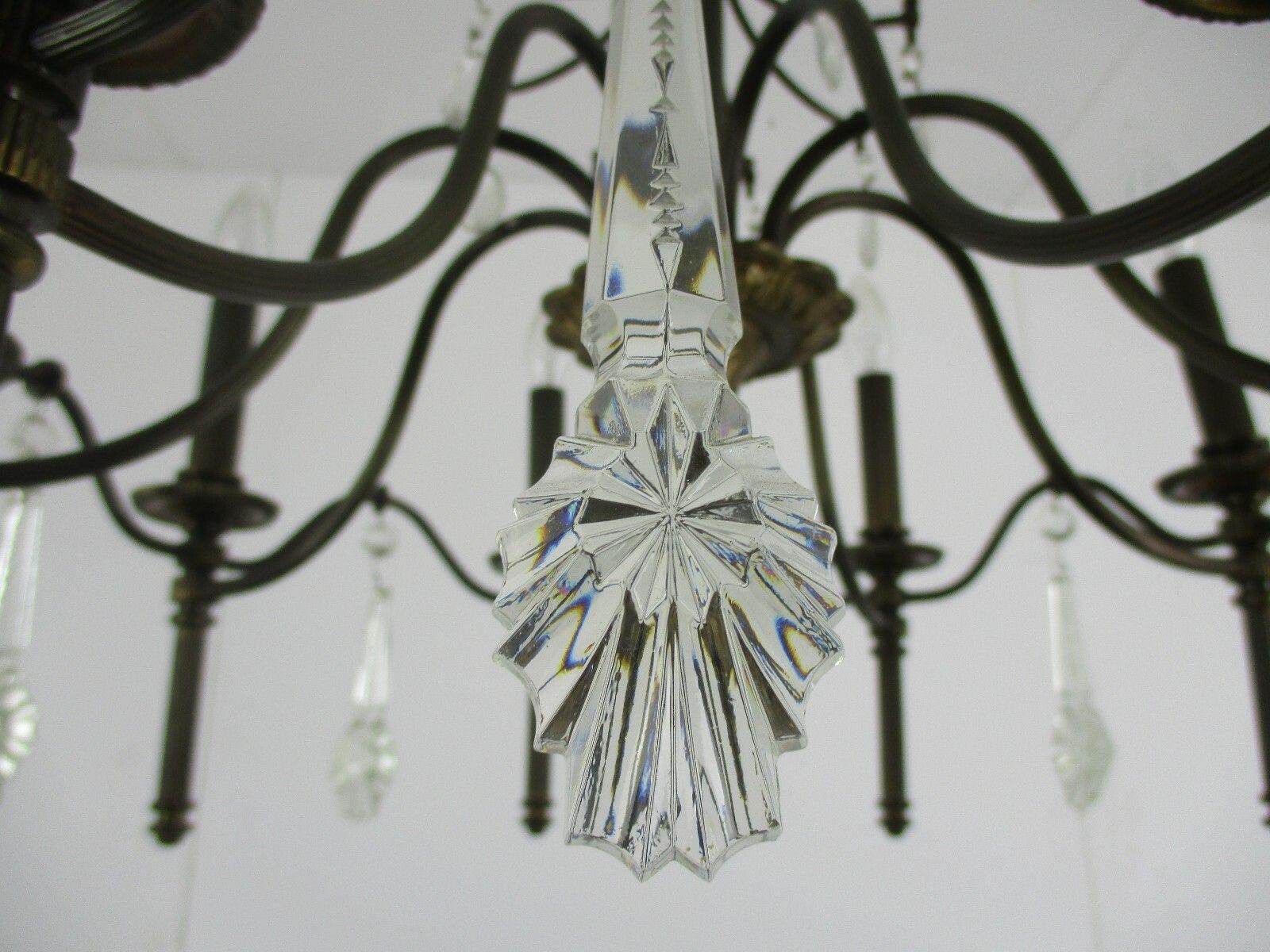 Chandelier 8 Lights Arms  Hollywood Regency Spelter Chandelier Crystal Prisms photo vinterior
