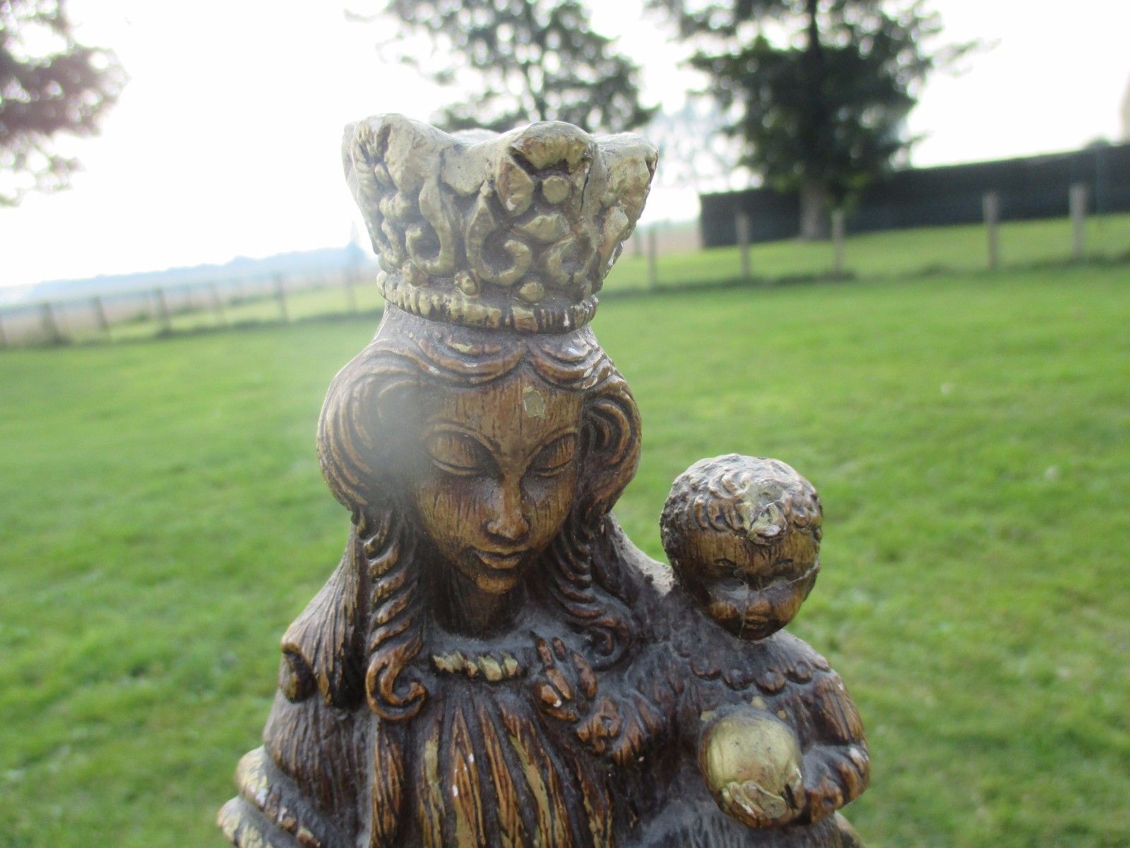 Vintage Virgin Mary Madonna With Child Plaster Brown Statuette Lion Dog Merlini photo Art