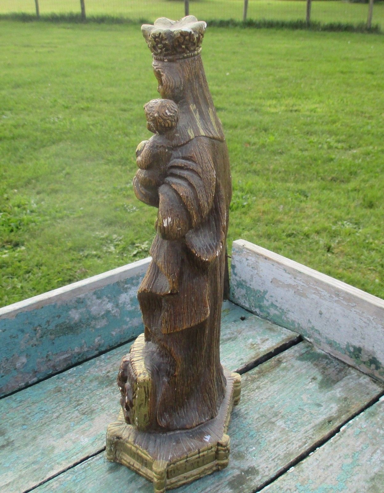 Vintage Virgin Mary Madonna With Child Plaster Brown Statuette Lion Dog Merlini photo vinterior