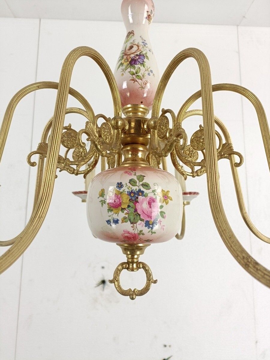 Chandelier 8 Arms Lights Ceramic Porcelain Ceramic Brass Italian Pink Flowers photo vintage