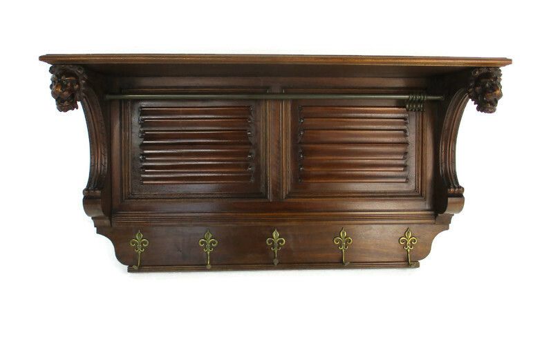 Xl Hand Carved Wood  Coat Hat Kitchen Hallway Rack Antique Lion Heads Exquisite photo furniture