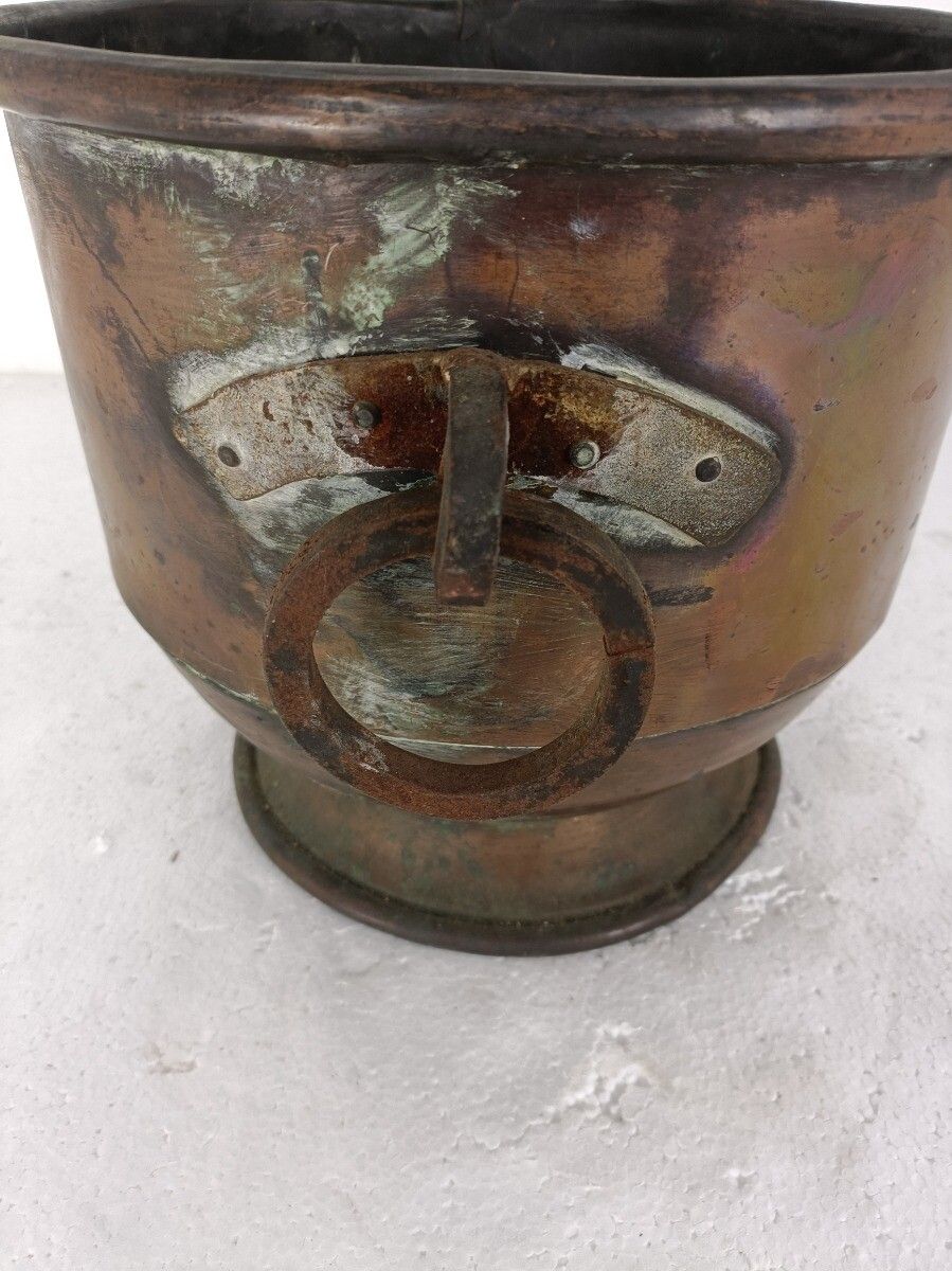 Antique Large Kettle Flower Pot Planter Handles Iron Trims Large Copper Rustic B photo Home Decor