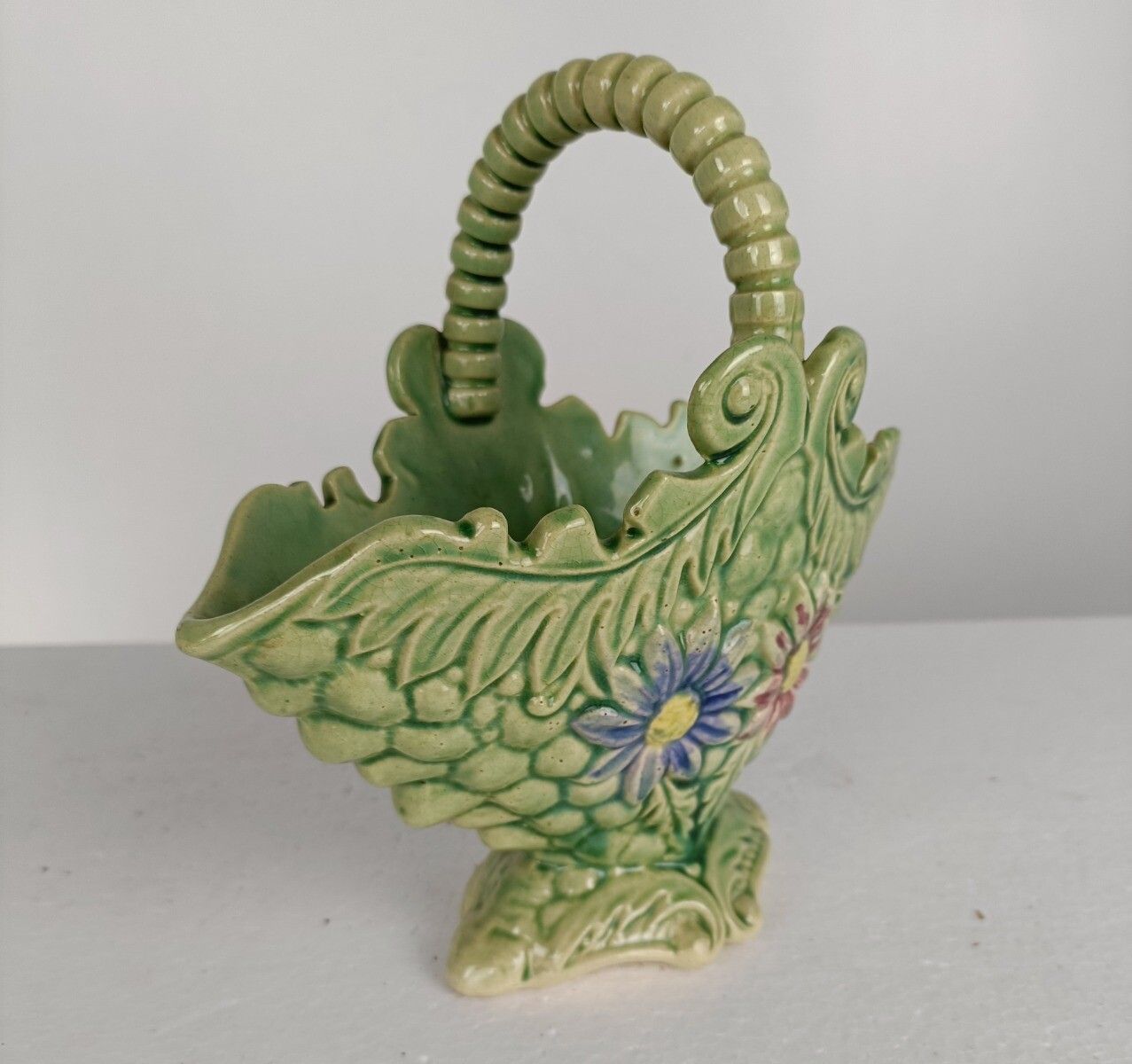Basket Planter French Pottery Faience Majolica Green Cachepot Lovely Antique photo furniture