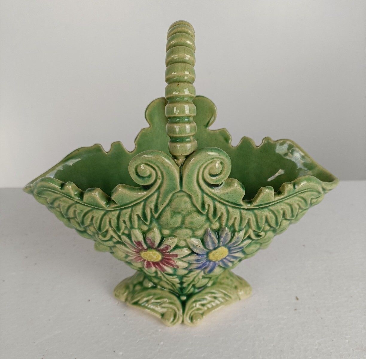 Basket Planter French Pottery Faience Majolica Green Cachepot Lovely Antique photo Home Decor
