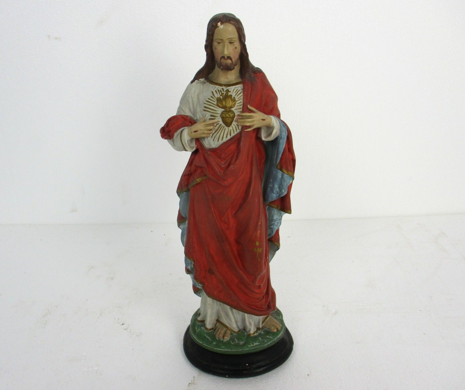 Antique Statue Jesus Christ Savior Sacred Heart Neo Gothic 1900s Plaster 16.53"