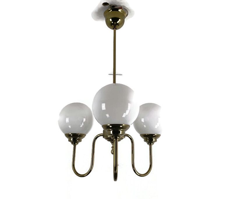 Chandelier Light Fixture Mid Century Modern 3 Arm Glass White Ball Shades Modern