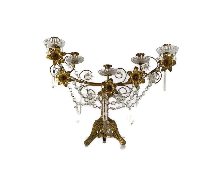 Antique Brass Hollywood Regency Floral Candle Holder Candelabra Church Crystal P