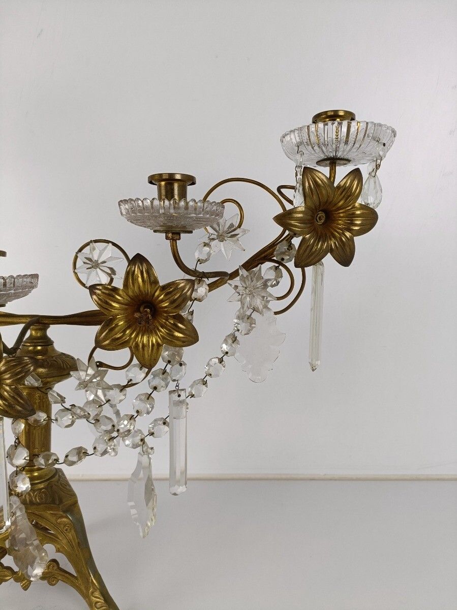 Antique Brass Hollywood Regency Floral Candle Holder Candelabra Church Crystal P photo vinterior