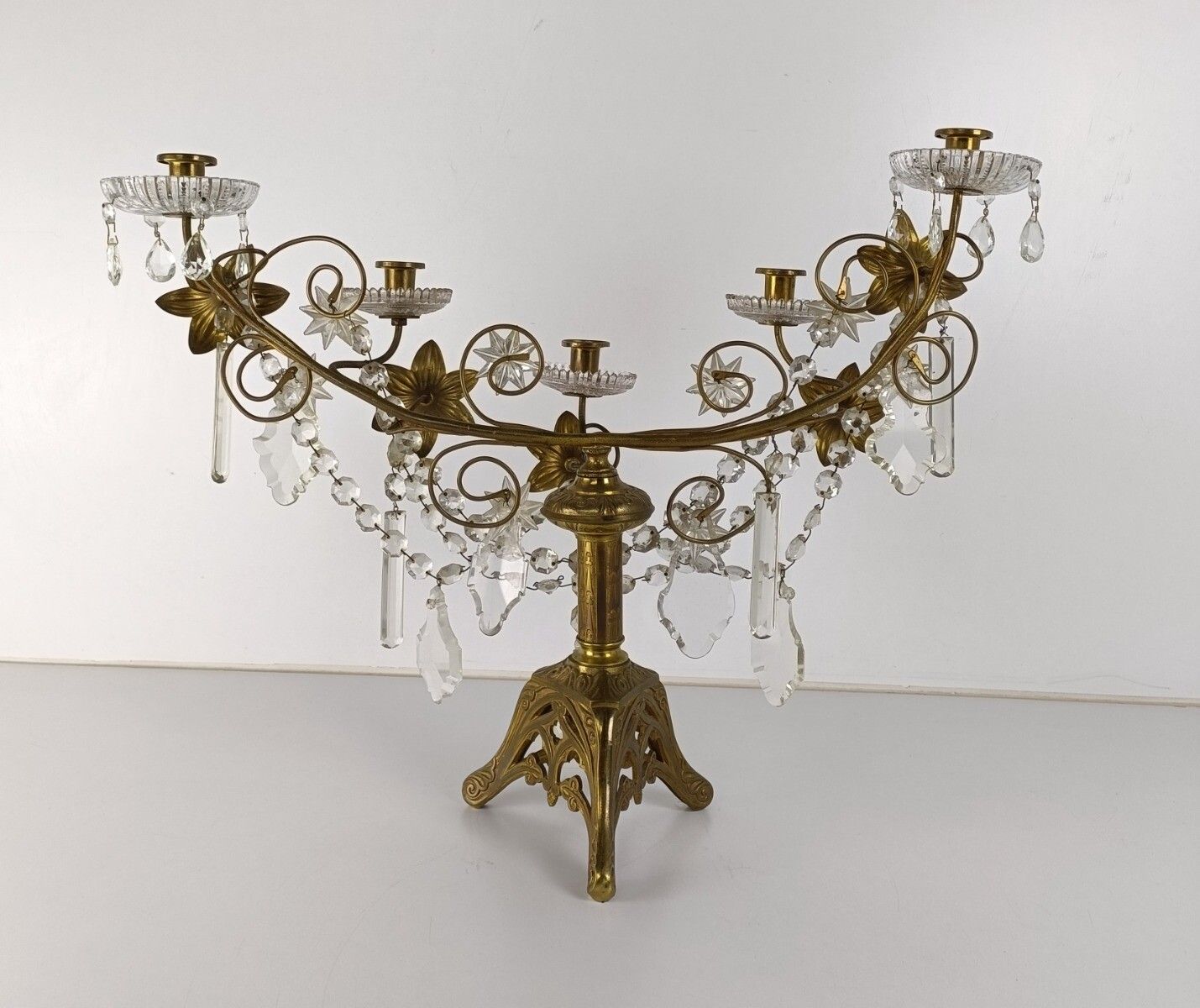 Antique Brass Hollywood Regency Floral Candle Holder Candelabra Church Crystal P photo buy