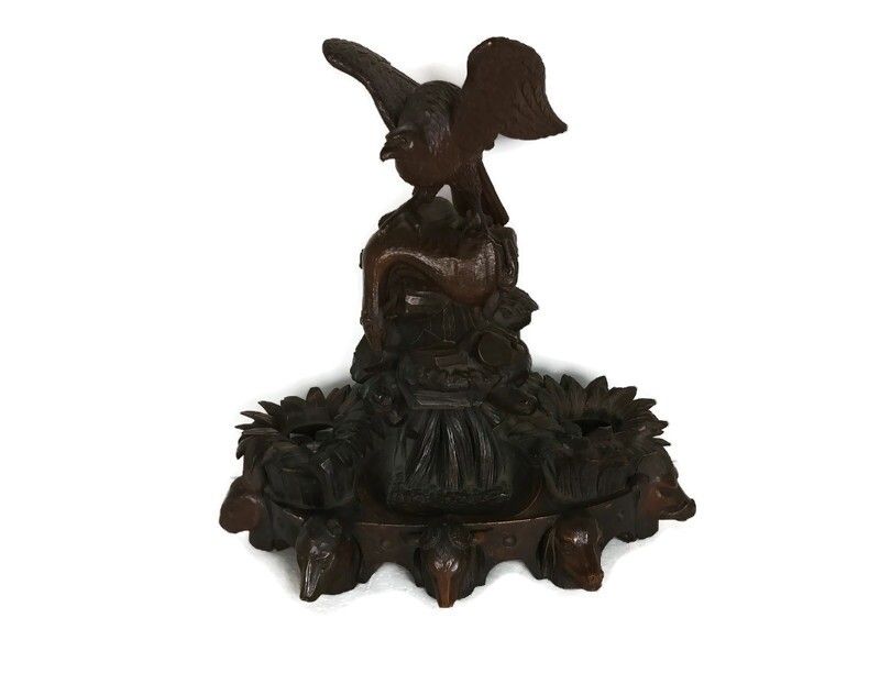 Antique Large Rare Black Forest Wood Carving Inkwell Eagle Forest Animals Stunni