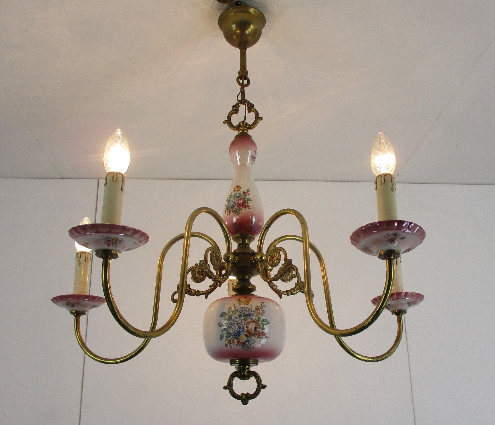 Chandelier 6 Arms Lights Ceramic Porcelain  Pink Flowers  Mid Century Italy photo for sale