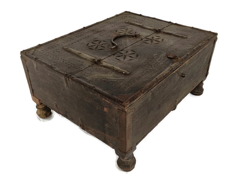Antique Rajasthani Footed Chest Box India 1900's Spice Salt Box Ornate Carved Wo