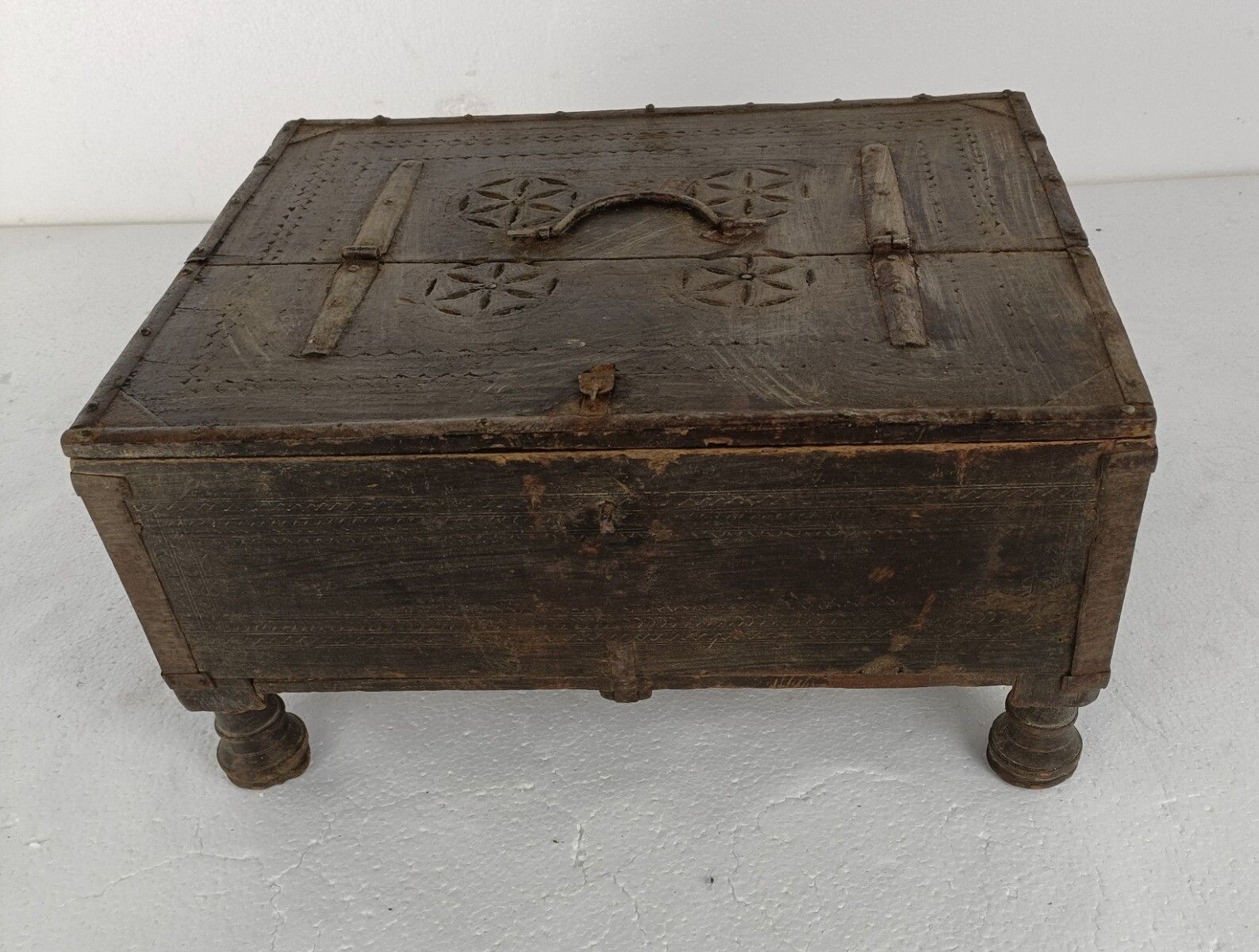 Antique Rajasthani Footed Chest Box India 1900's Spice Salt Box Ornate Carved Wo photo furniture