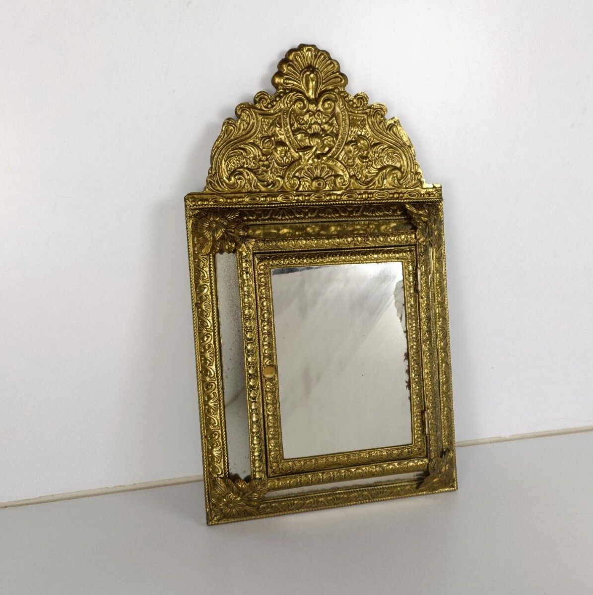 Vintage Mirror Brush Brass Glass Cabinet Continental Ornate Brushes Included Wal photo for sale