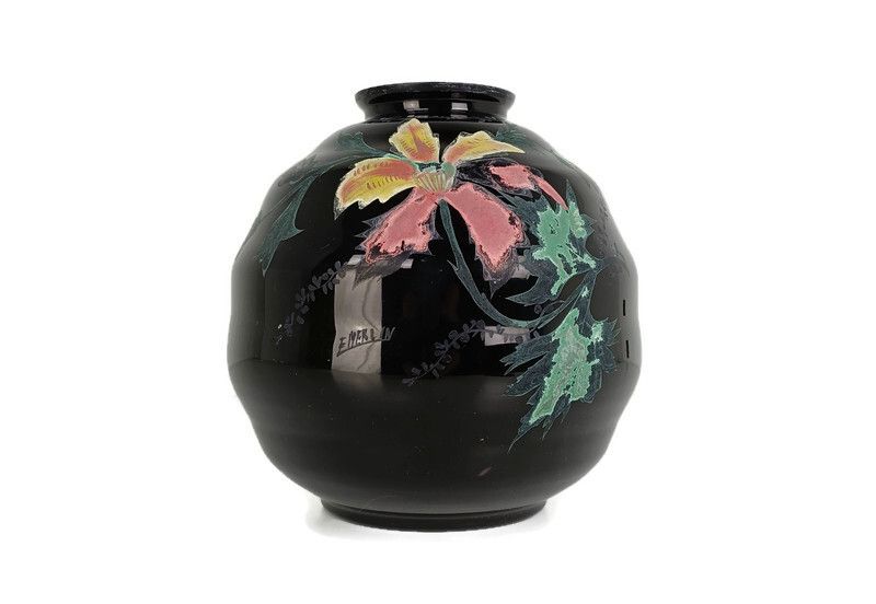 Art Deco Art Glass Vase Booms Glass, Belgium Signed F Merlin Hand Painted Flower