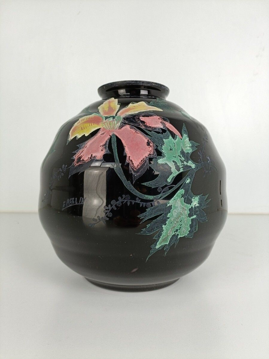 Art Deco Art Glass Vase Booms Glass, Belgium Signed F Merlin Hand Painted Flower photo for sale