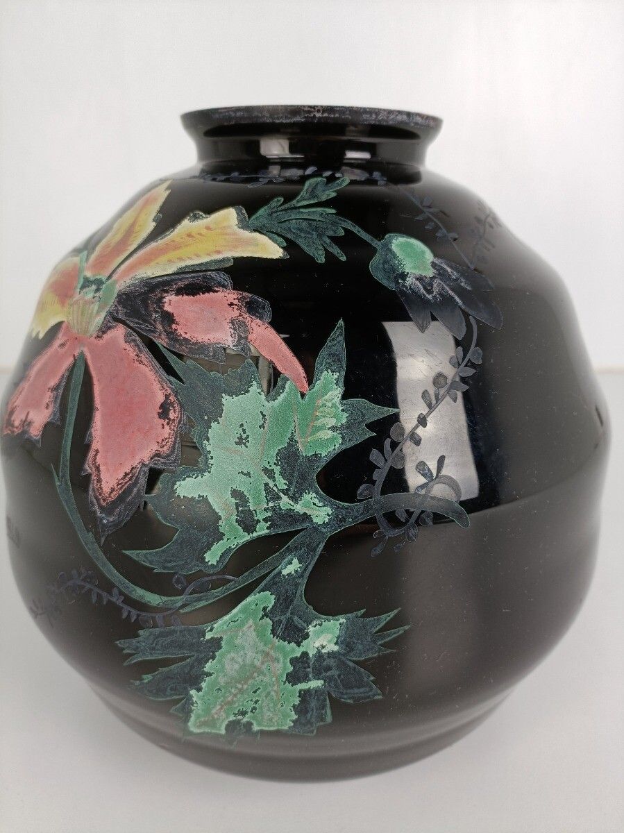 Art Deco Art Glass Vase Booms Glass, Belgium Signed F Merlin Hand Painted Flower photo buy