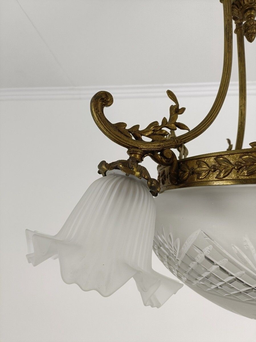 Stunning Art Deco Chandelier Antique Etched Glass Bronze Doré Rams Heads 4 Ligh photo vinterior