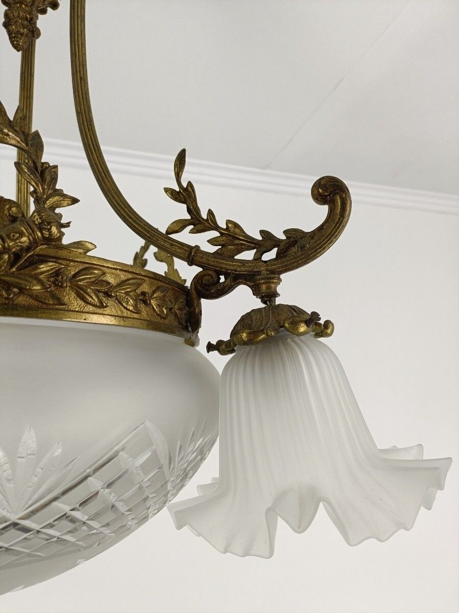Stunning Art Deco Chandelier Antique Etched Glass Bronze Doré Rams Heads 4 Ligh photo buy
