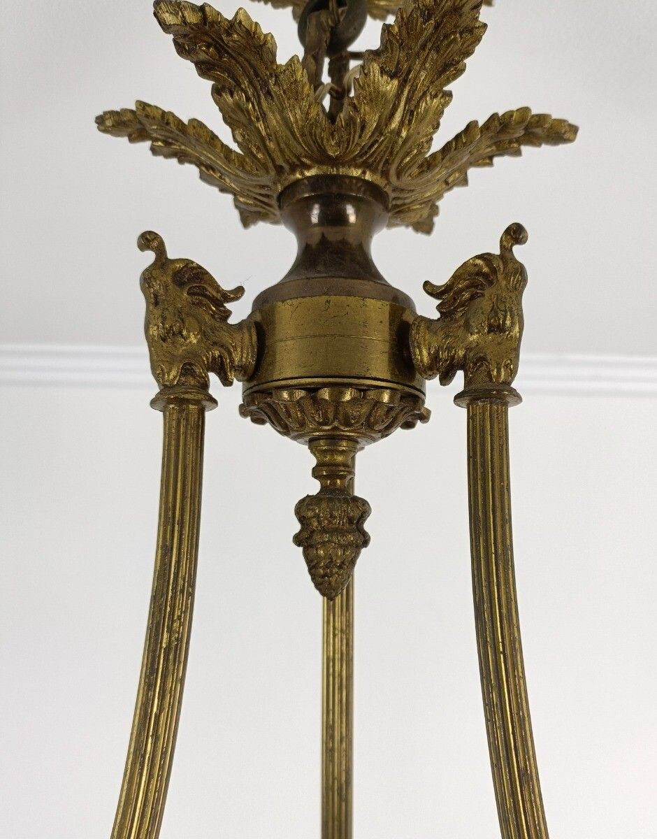 photo for sale Stunning Art Deco Chandelier Antique Etched Glass Bronze Doré Rams Heads 4 Ligh