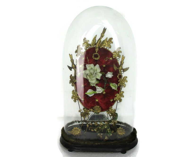 Antique 1800 Victorian French Bridal Wedding Dome Gold Gilt Leaves Ormolu Birds
