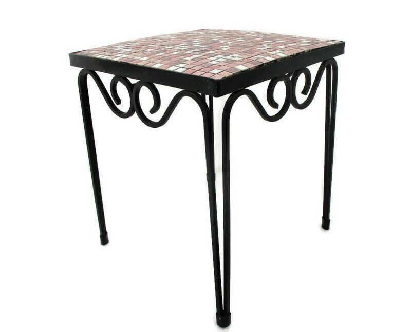 Vintage Small Side Table Plant Stand Mosaic Tiles Checkered Pattern Wrought Iron