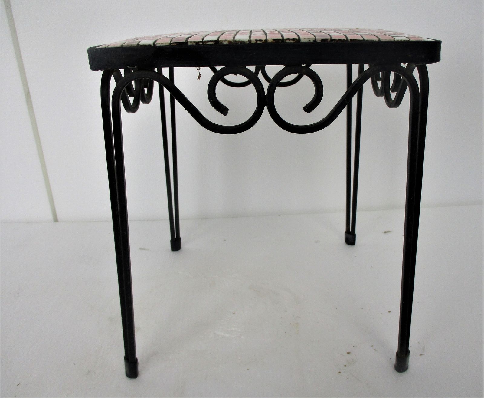 Vintage Small Side Table Plant Stand Mosaic Tiles Checkered Pattern Wrought Iron photo furniture