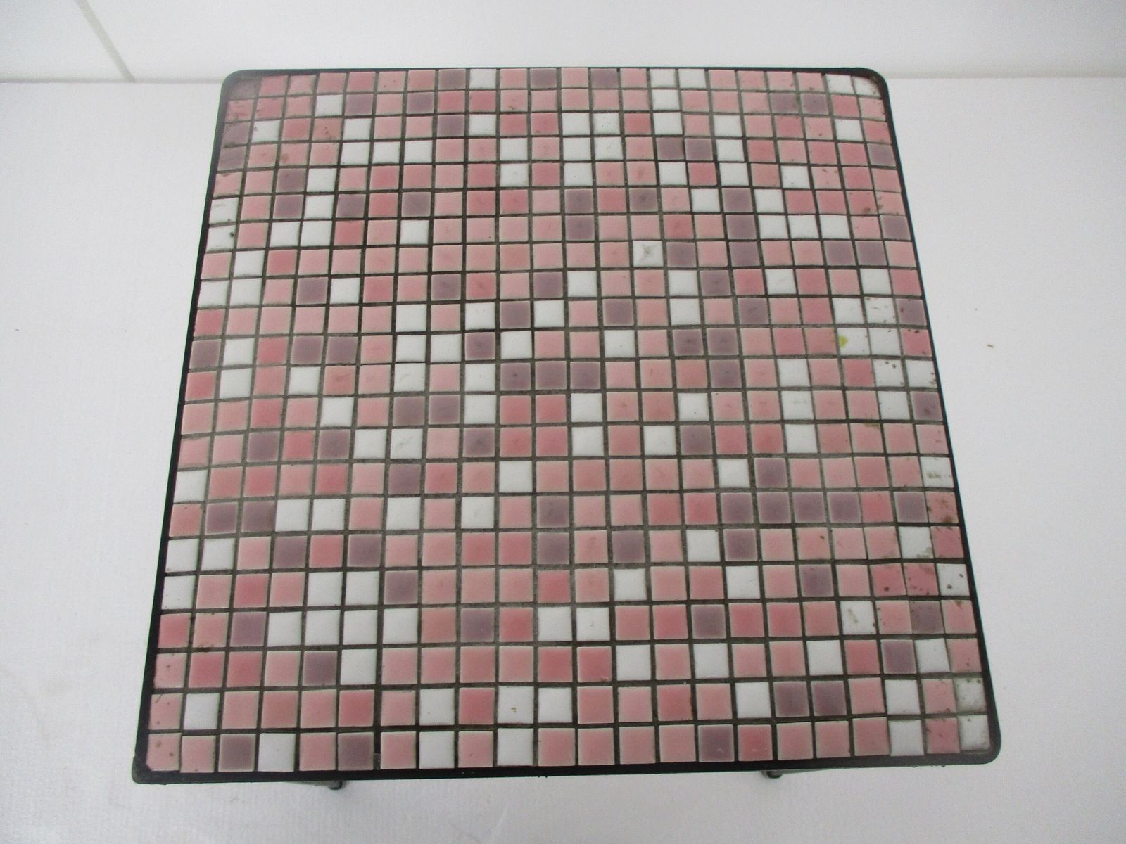 Vintage Small Side Table Plant Stand Mosaic Tiles Checkered Pattern Wrought Iron photo 142.0