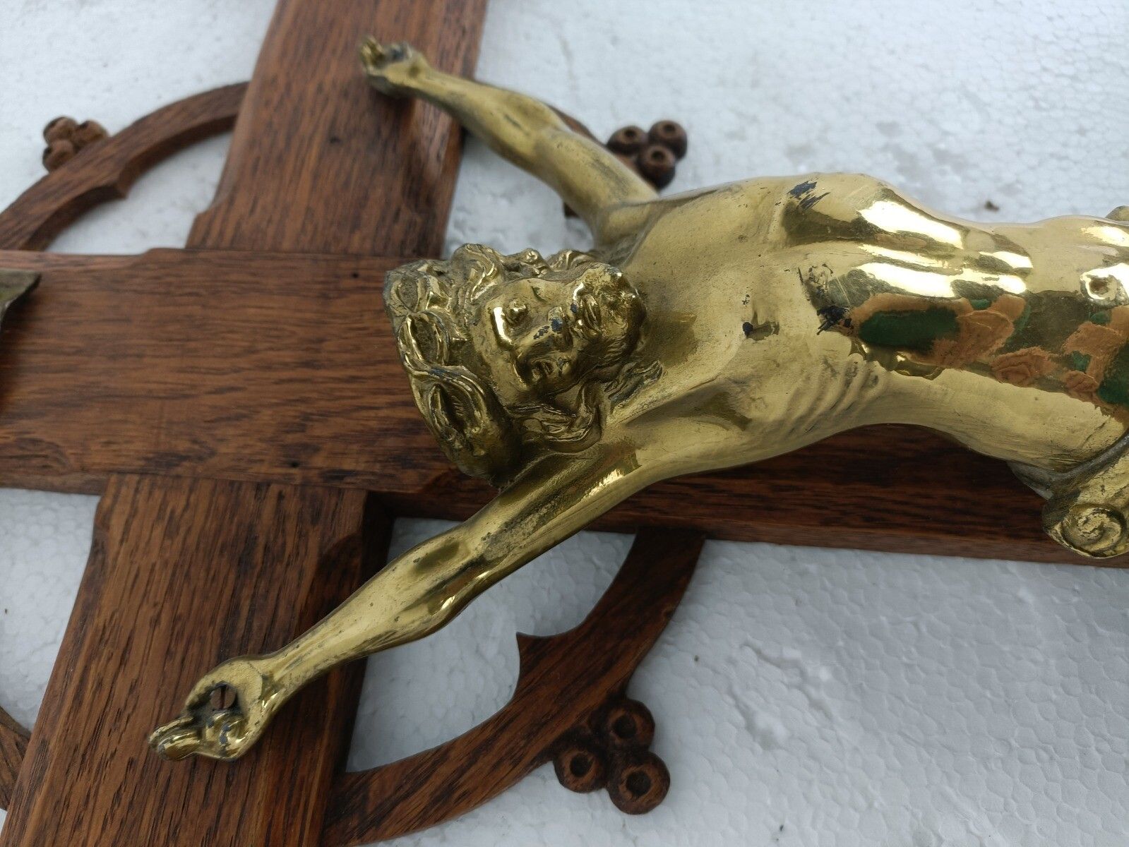 Hand Carved Wood  French Hanging Ornate Crucifix Cross Jesus Christ Fleur De Lis photo vintage