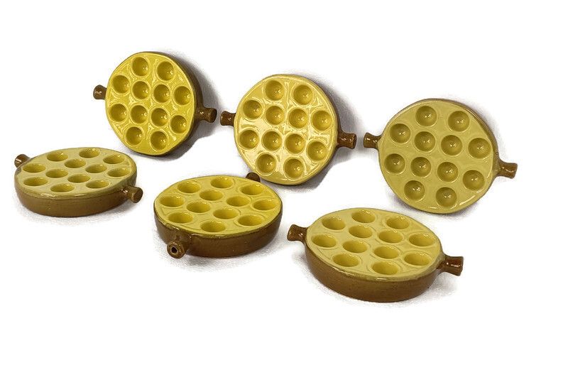 Set Of 6 French Escargots Snail Plates Dishes Terra Cotta Yellow Stylish Two Han