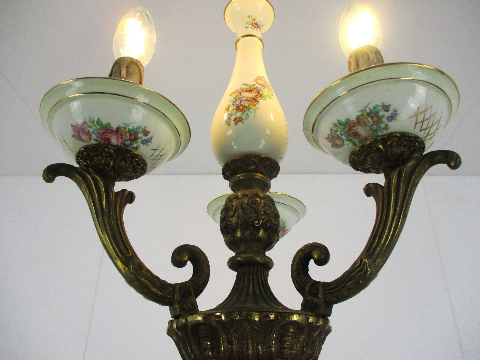 Small Chandelier Ceramic Bronze 3 Lights Arms Italian Style Hollywood Regency photo for sale