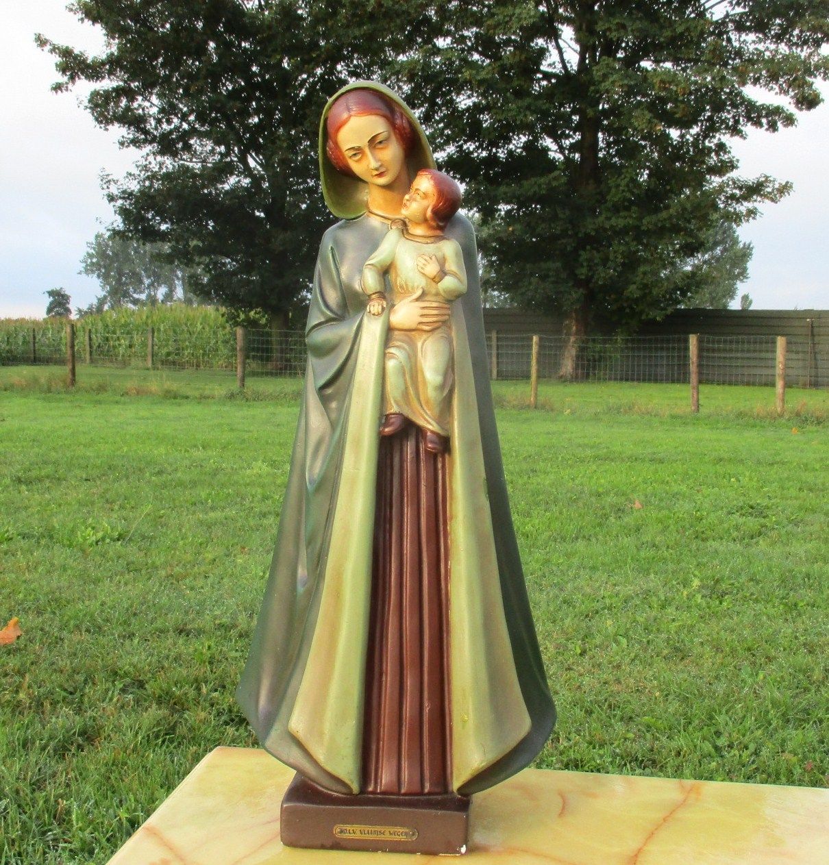 L Polychrome Virgin Mary Our Lady Of Flanders Madonna Infant Plaster Statue  21"