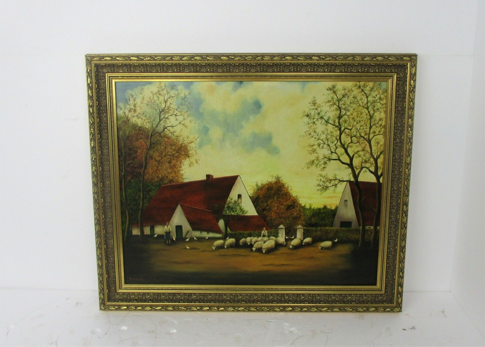 Large Painting Framed Ornate Oil On Canvas Signed M. Cauwelier Farm Peasants photo furniture
