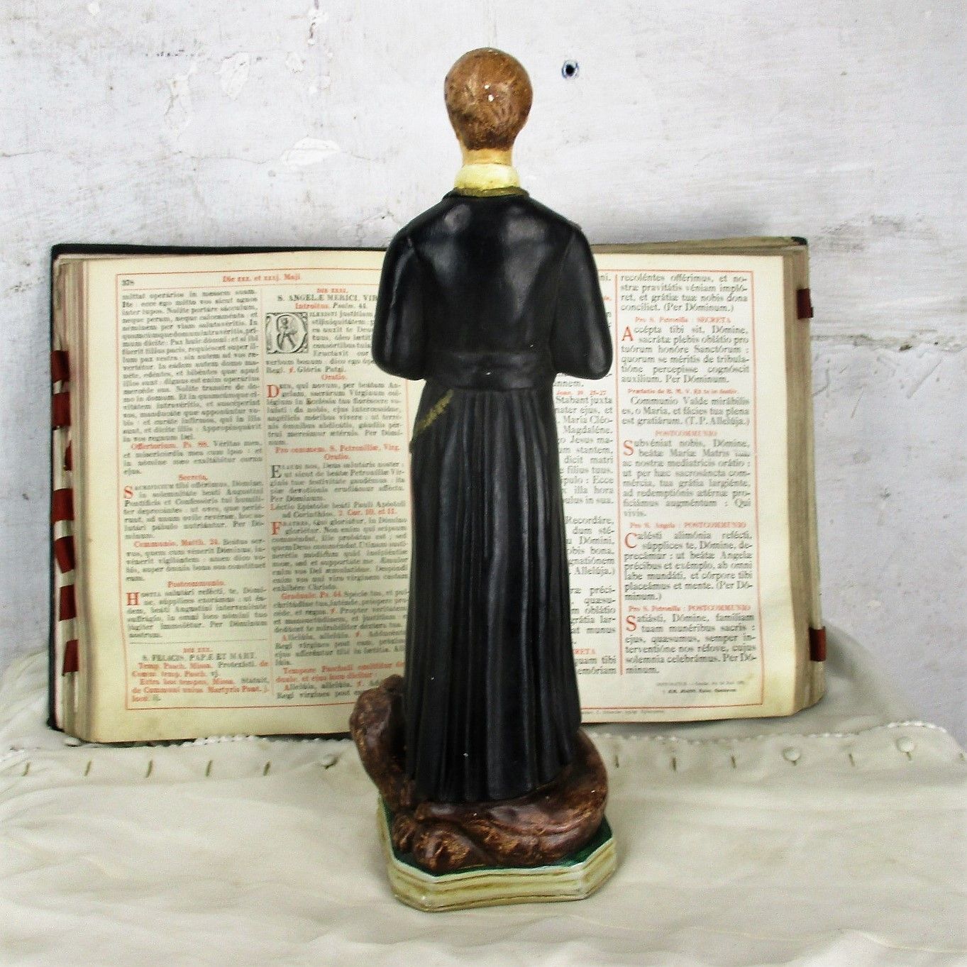 Antique Statue Saint Santo Gerard Santo Majella Dragon Plaster Priest Gothic photo vintage