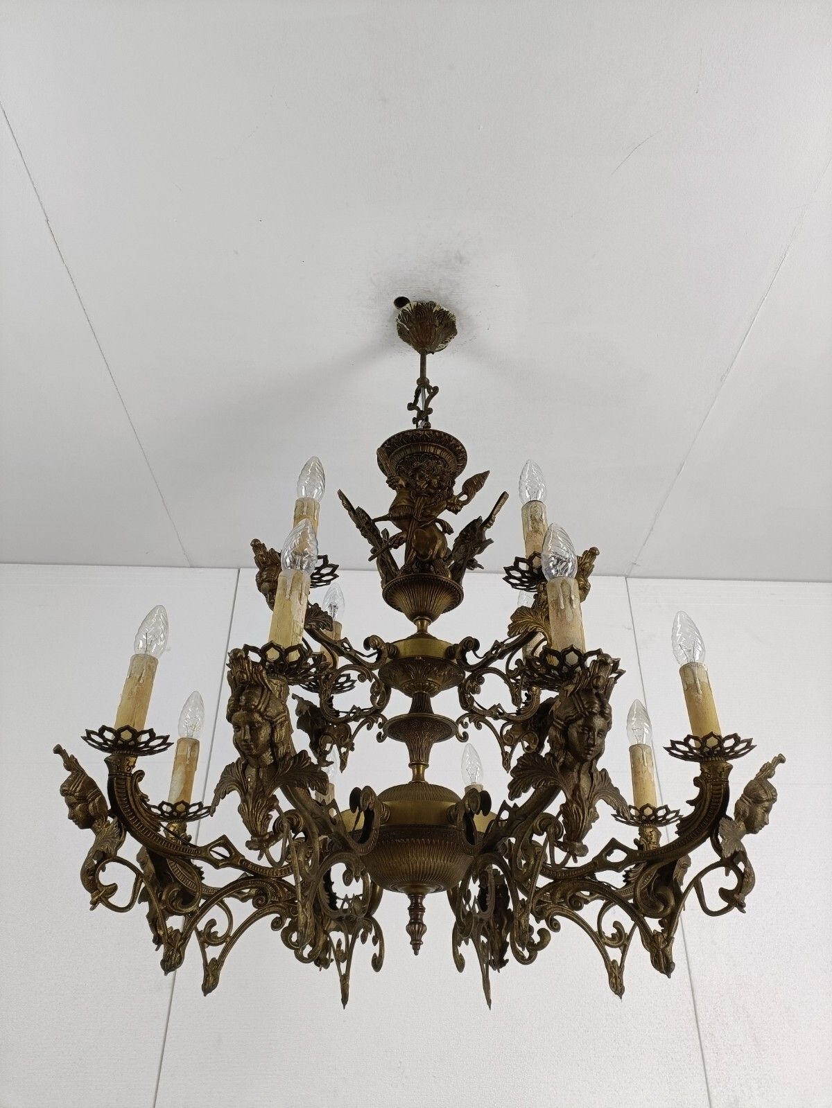 Large French Impressive 12 Arms Lights Castle Medusa Chandelier Lion Heads Htf photo for sale