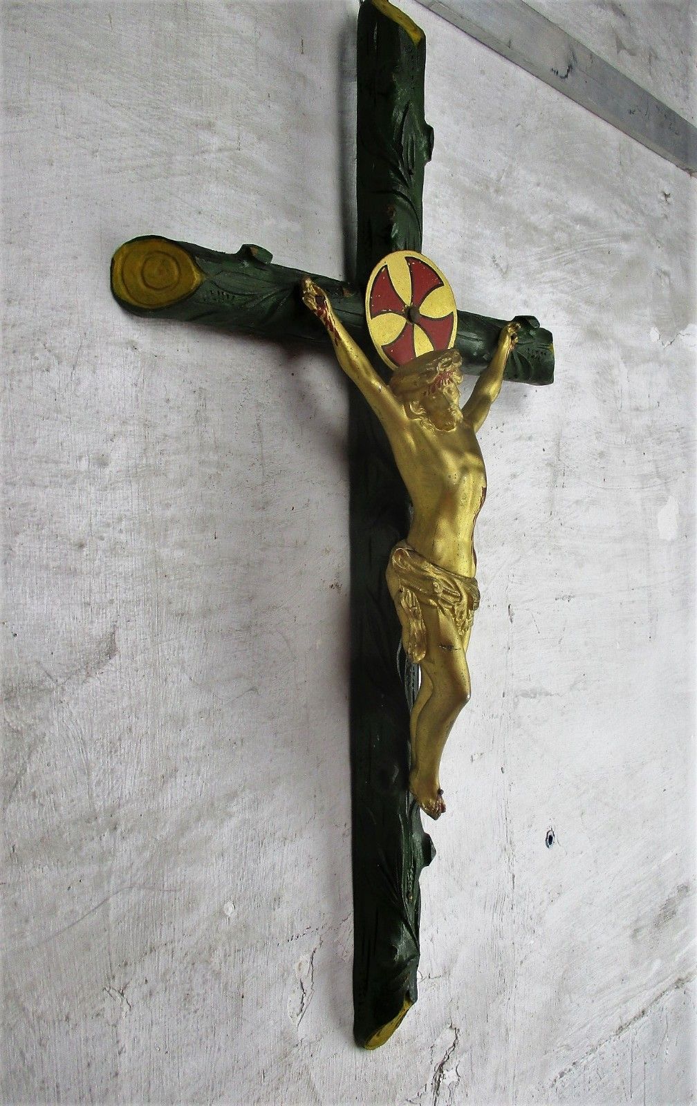 Large Polychrome Hanging Wall Crucifix Wood Brass Corpus Jesus Christ Htf 25.19" photo 278.0