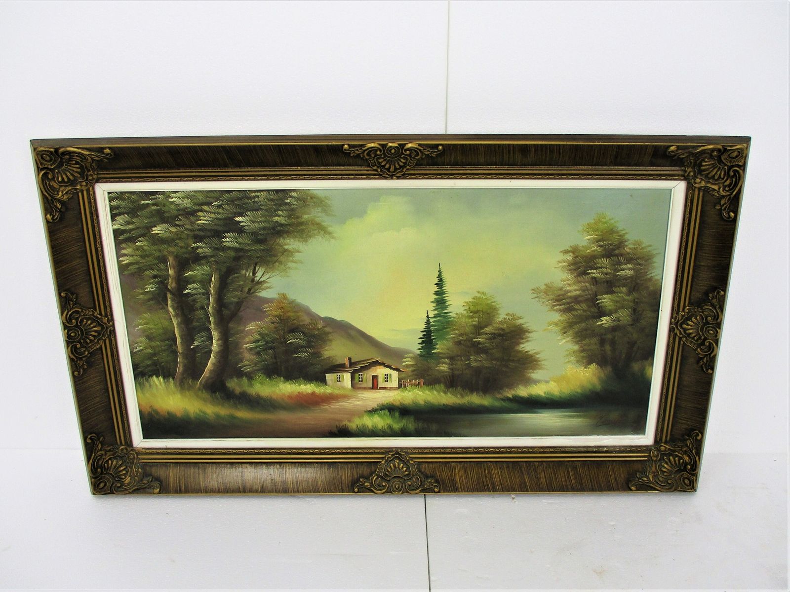 Lovely Cabin Landscape Oil Painting Canvas Framed Gorgeous Frame Signed Re Sine photo furniture