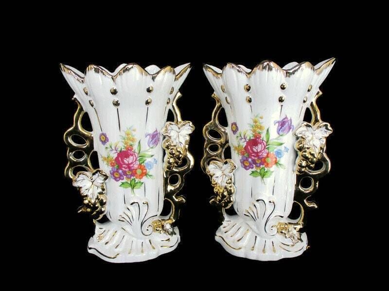 Pair Couple Vintage Porcelain Fan Flair Vases Flower Motif Beautiful Decorative