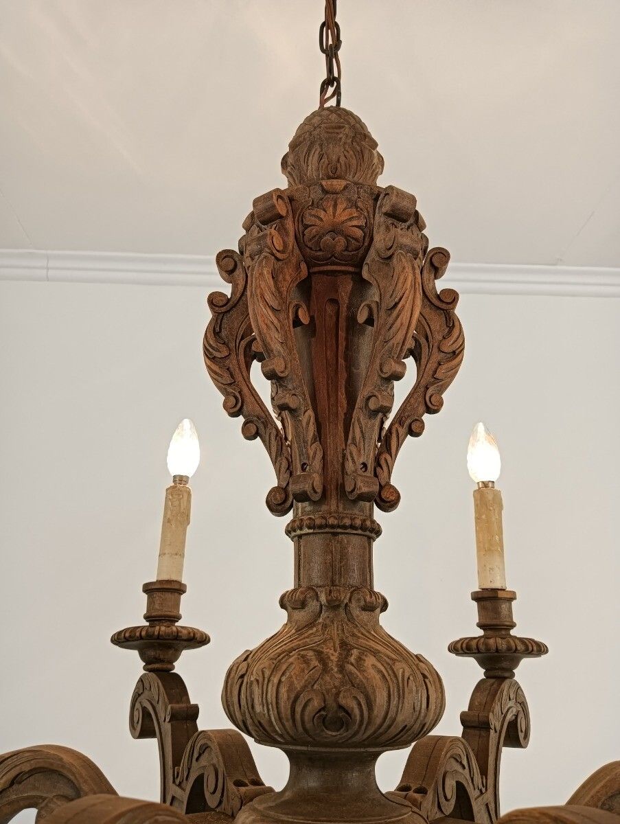Hand Carved Ornate Wood Chandelier 6 Lights Arms Ceiling Light Lamp Mid Century photo vinterior