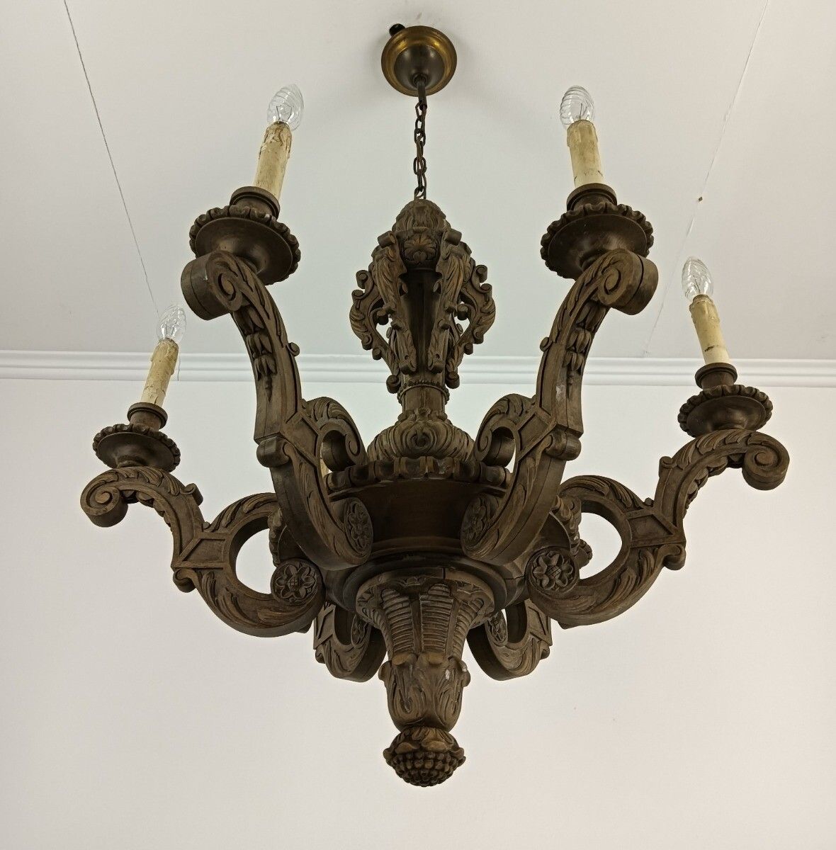 Hand Carved Ornate Wood Chandelier 6 Lights Arms Ceiling Light Lamp Mid Century photo buy