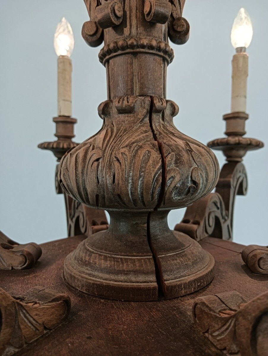 photo for sale Hand Carved Ornate Wood Chandelier 6 Lights Arms Ceiling Light Lamp Mid Century