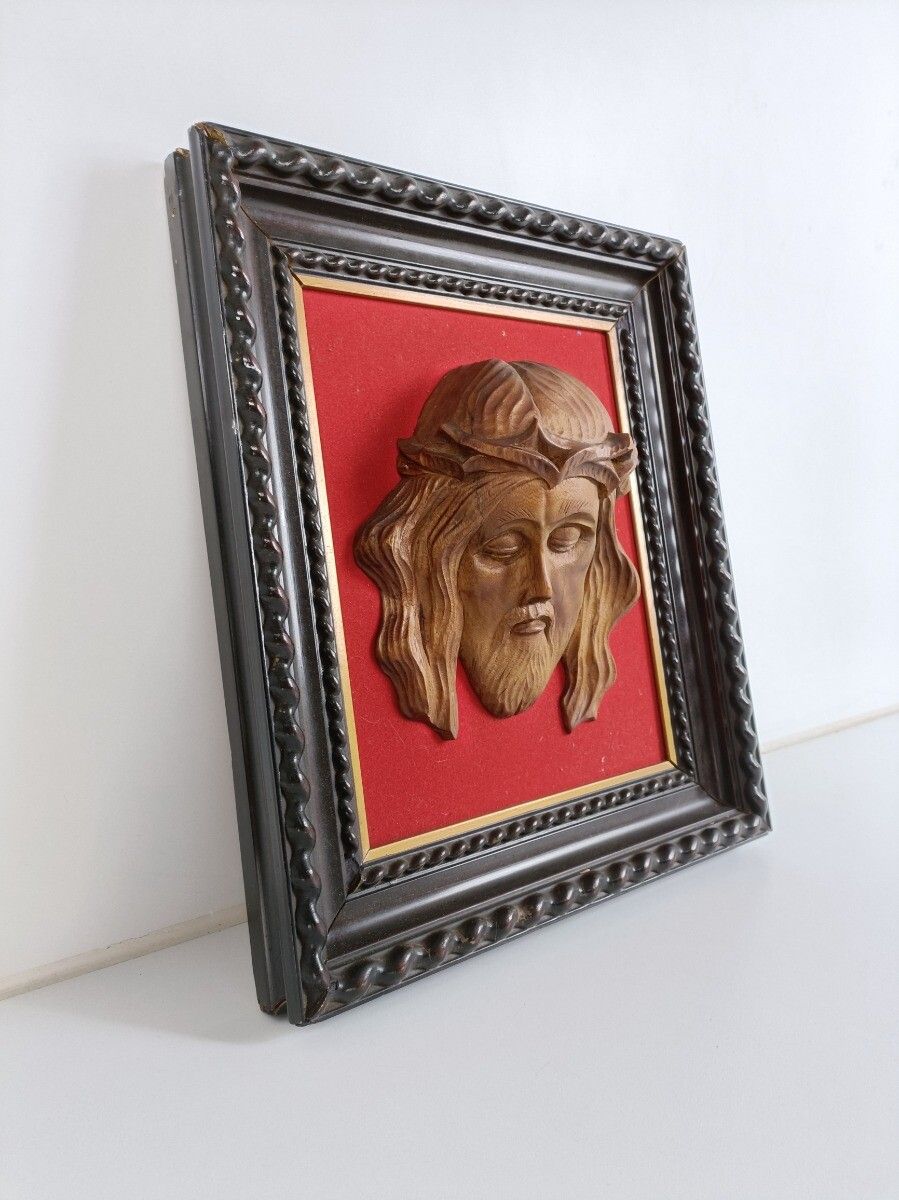 Frame Wall Hanging Carved Wooden Jesus Head Of Thorns Framed Vintage Christianit photo Art
