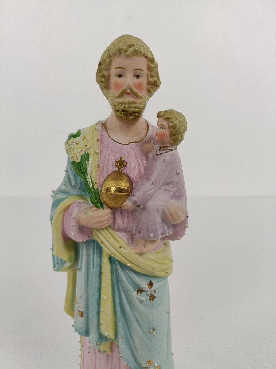 photo for sale Statue Saint Joseph Protector Of Homes Infant Jesus Bisque Porcelain  Vintage