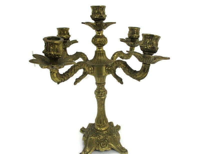 Gorgeous Brass Ornate Embossed Candle Holder Stick Candelabra 5 Arm Flowers Love