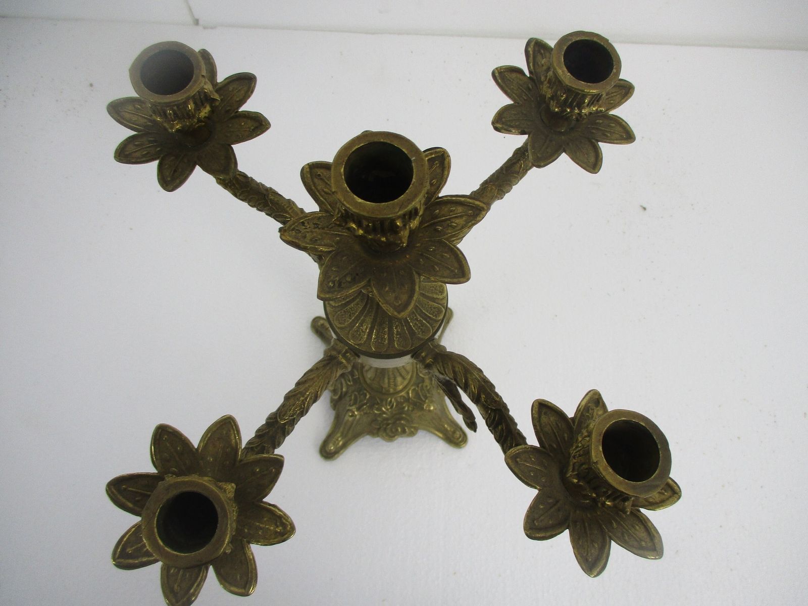 Gorgeous Brass Ornate Embossed Candle Holder Stick Candelabra 5 Arm Flowers Love photo 129.0
