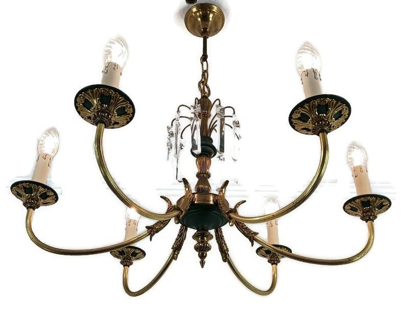 French Empire Pan Chandelier With Prisms 6 Lights Hollywood Regency Style Vintag