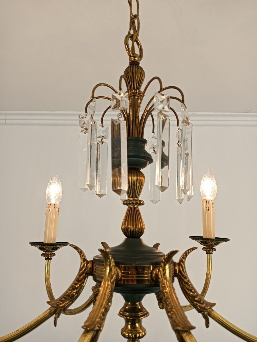 French Empire Pan Chandelier With Prisms 6 Lights Hollywood Regency Style Vintag photo vinterior