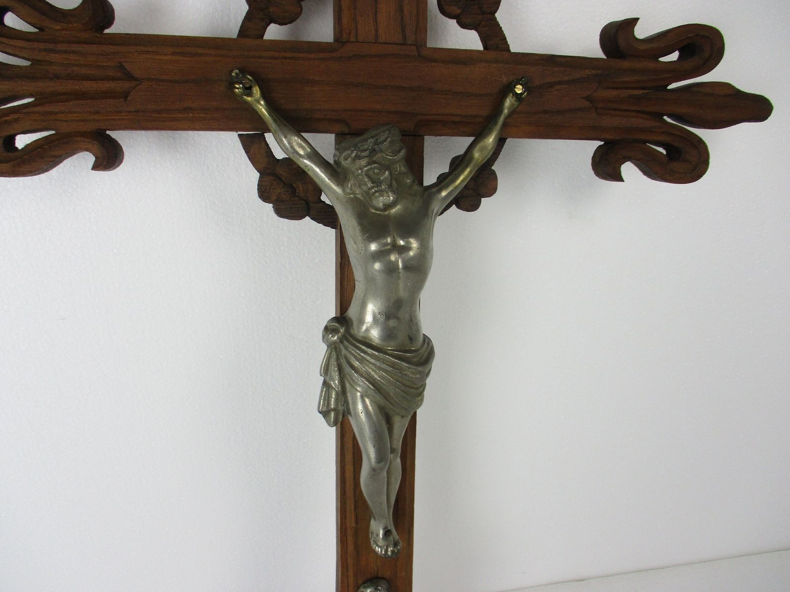 Xl Hand Carved Wood Hanging Ornate Church Chapel Crucifix French Fleur De Lis Fa photo for sale